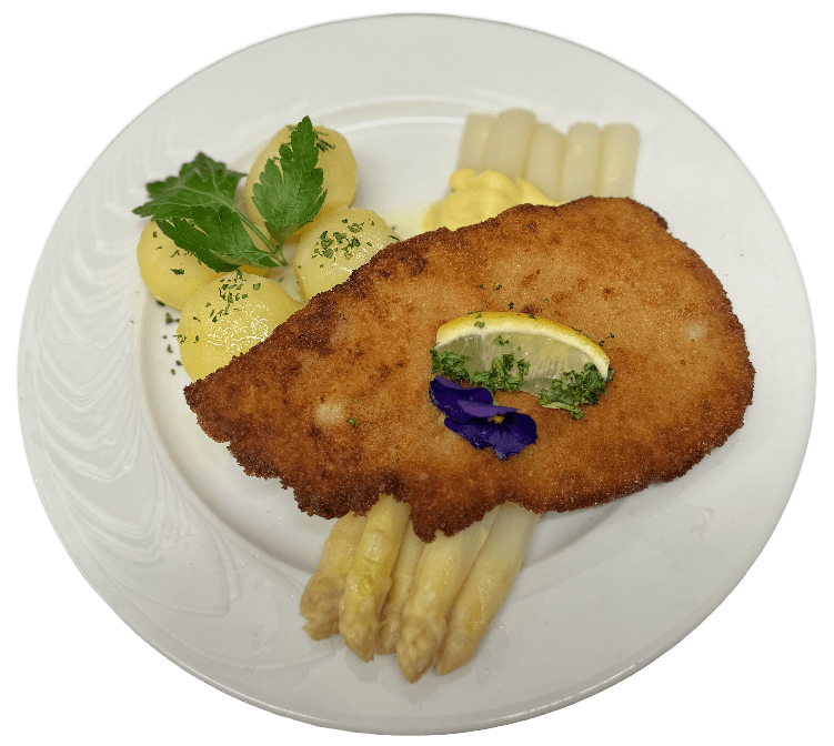 Schnitzel mit Spargel, dazu Petersilienkartoffeln und Sauce Hollandaise